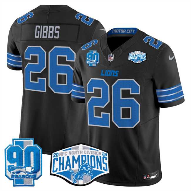 Men%27s Detroit Lions #26 Jahmyr Gibbs Black 2024 NFC North Champions 90th Anniversary Patch F.U.S.E. Vapor Limited Stitched Jersey